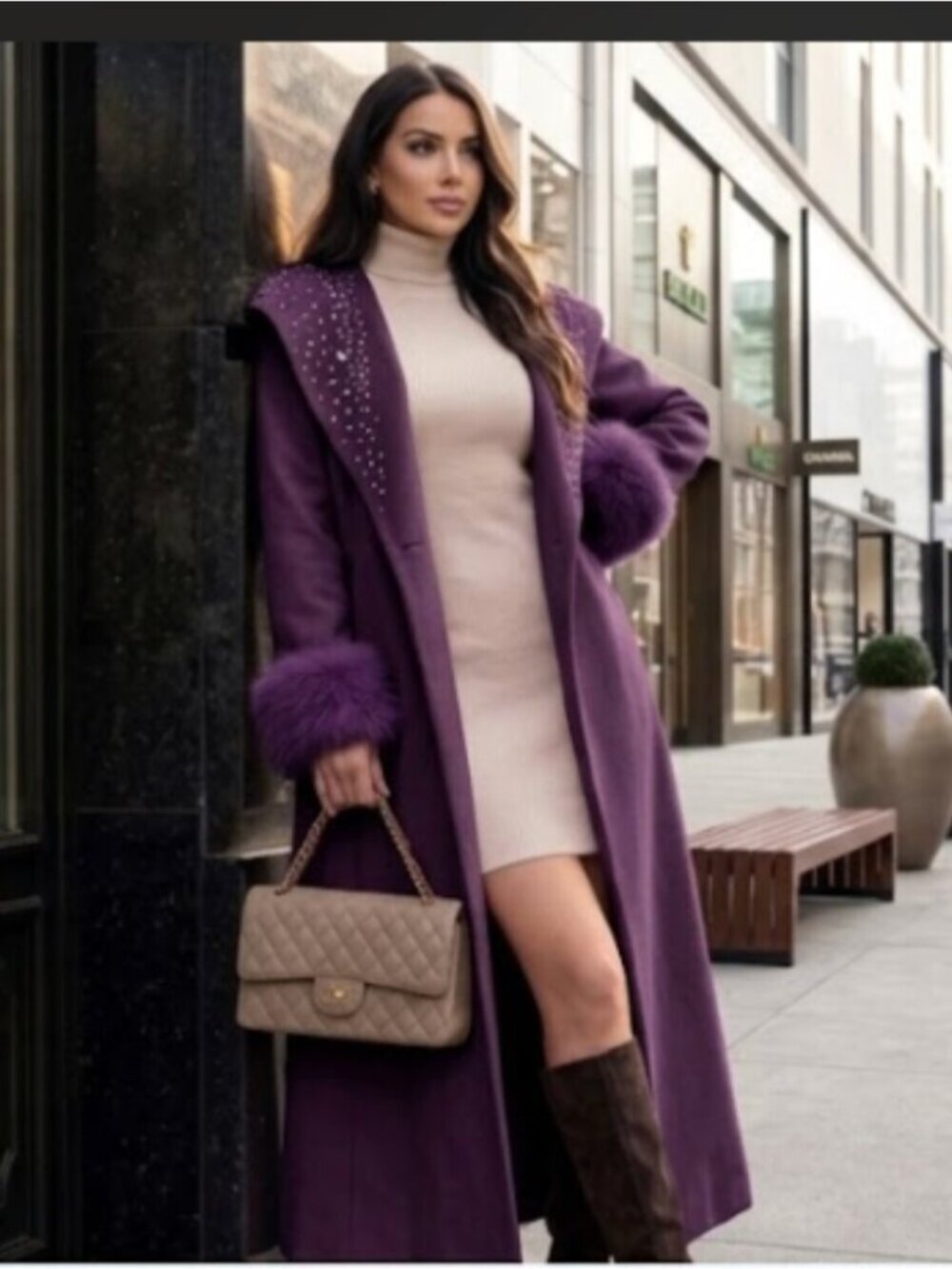 Purple Faux Fur Trim Long Trench Coat Rhinestone Hooded Tie Belt Wrap Coat